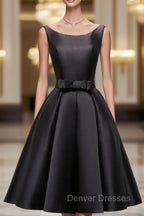 Black Satin Knee Length Round Neckline Party Dress, Black Short Prom Dress