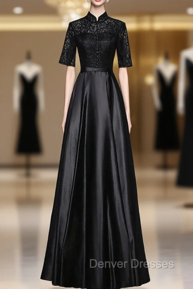 Black Satin Lace Short Sleeve Prom Dress
