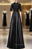 Black Satin Lace Short Sleeve Prom Dress