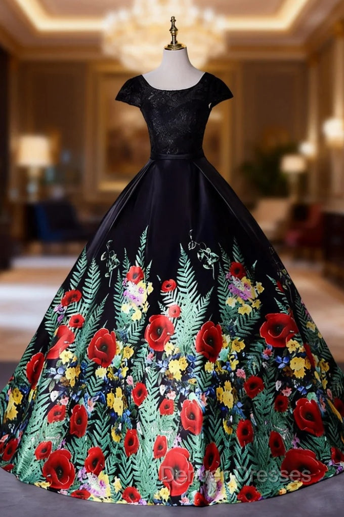 Black Satin Lace Top Print Cap Sleeve Quinceanera Dress Main image