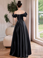 Black Satin Long A-Line Prom Dress, Black Off The Shoulder Evening Party Dress
