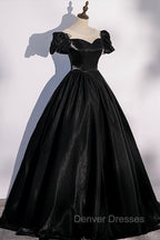 Black Satin Long Prom Dress, Black A-Line Short Sleeve Evening Dress
