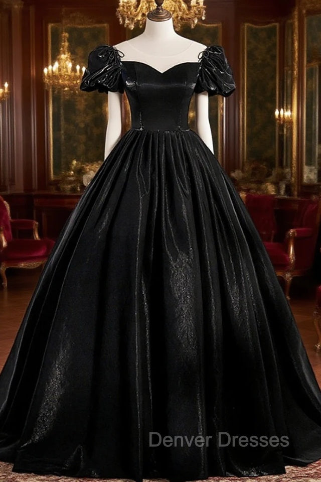 Black Satin Long Prom Dress, Black A-Line Short Sleeve Evening Dress