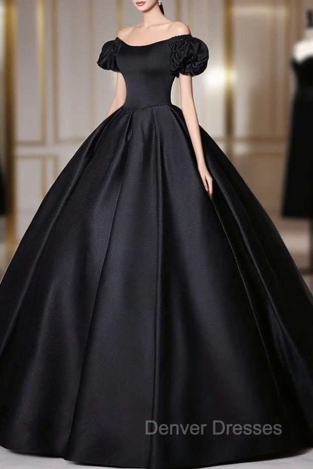 Black Satin Long Prom Dress, Black Long Formal Sweet 16 Dress