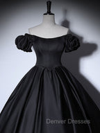 Black Satin Long Prom Dress, Black Long Formal Sweet 16 Dress