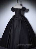 Black Satin Long Prom Dress, Black Long Formal Sweet 16 Dress