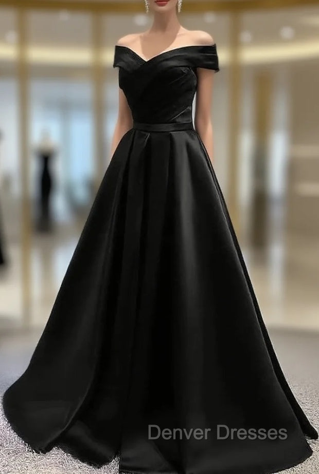 Black Satin Off Shoulder Long Simple Evening Dress Formal Dress, Black Party Dress