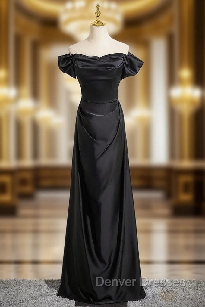 Black Satin Off the Shoulder Pleats Prom Dress