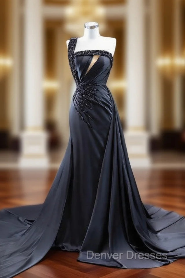 Black Satin One Shoulder Pleats Beading Prom Dress Main image