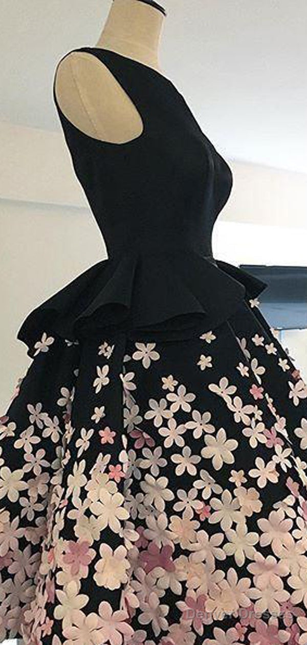 Black Satin Pink Floral Appliques Homecoming Dresses