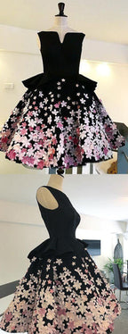 Black Satin Pink Floral Appliques Homecoming Dresses