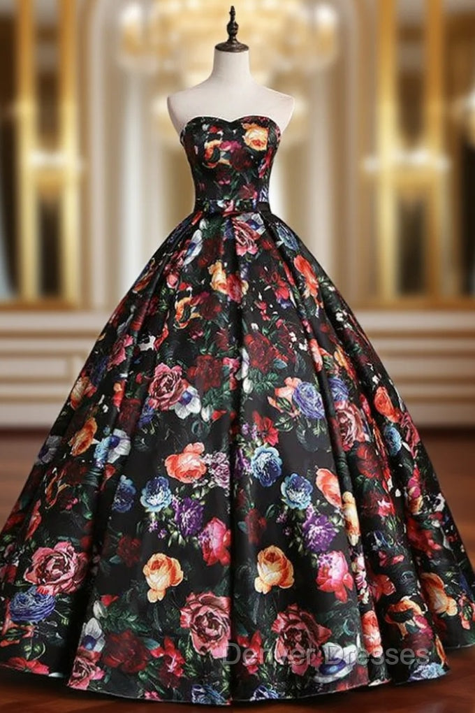 Black Satin Print Sweetheart Quinceanera Dress With Bow Main image