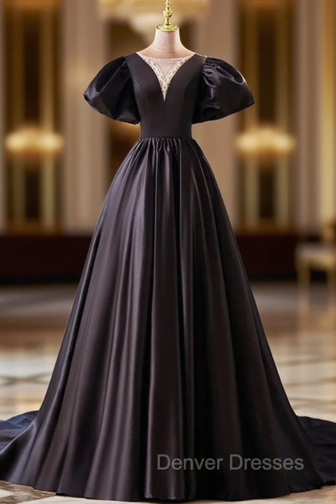 Black Satin Puff Sleeve Beading Prom Dress Main image