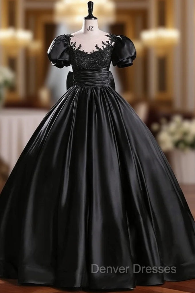 Black Satin Puff Sleeve Beading Quinceanera Dress Main image