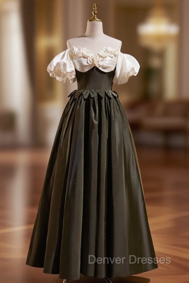 Black Satin Puff Sleeve Flower Prom Dress Main image