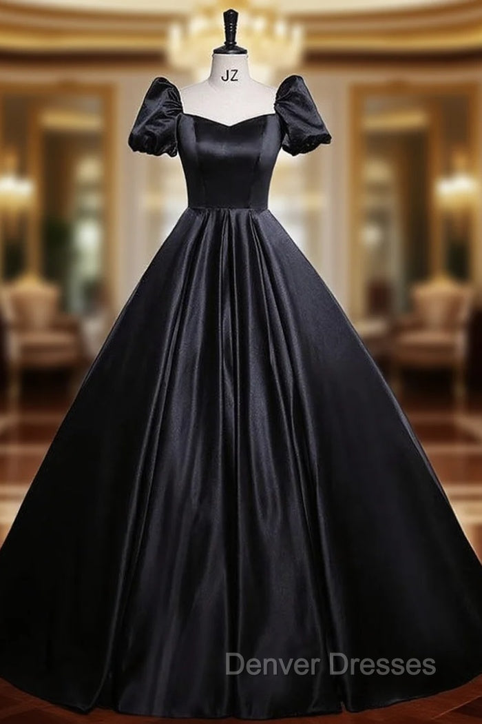 Black Satin Puff Sleeve Square Neck Prom Dress