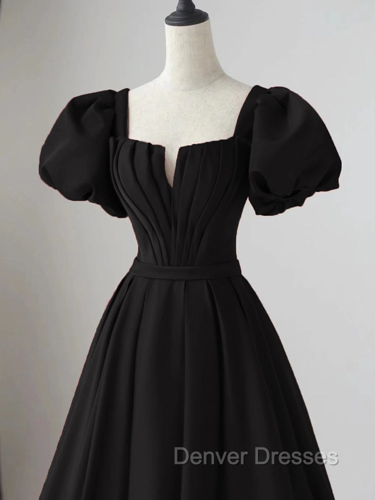 Black Satin Puffy Sleeves Long Evening Party Dress, Black Long Prom Dress Secondary image