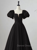 Black Satin Puffy Sleeves Long Evening Party Dress, Black Long Prom Dress