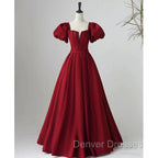 Black Satin Puffy Sleeves Long Evening Party Dress, Black Long Prom Dress