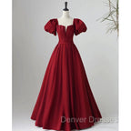 Black Satin Puffy Sleeves Long Evening Party Dress, Black Long Prom Dress