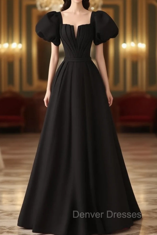 Black Satin Puffy Sleeves Long Evening Party Dress, Black Long Prom Dress Main image