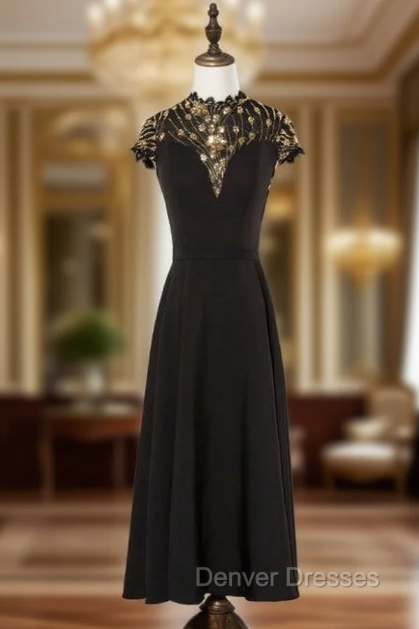 Black Satin Sequins Cap Sleeve High Neck Prom Dress