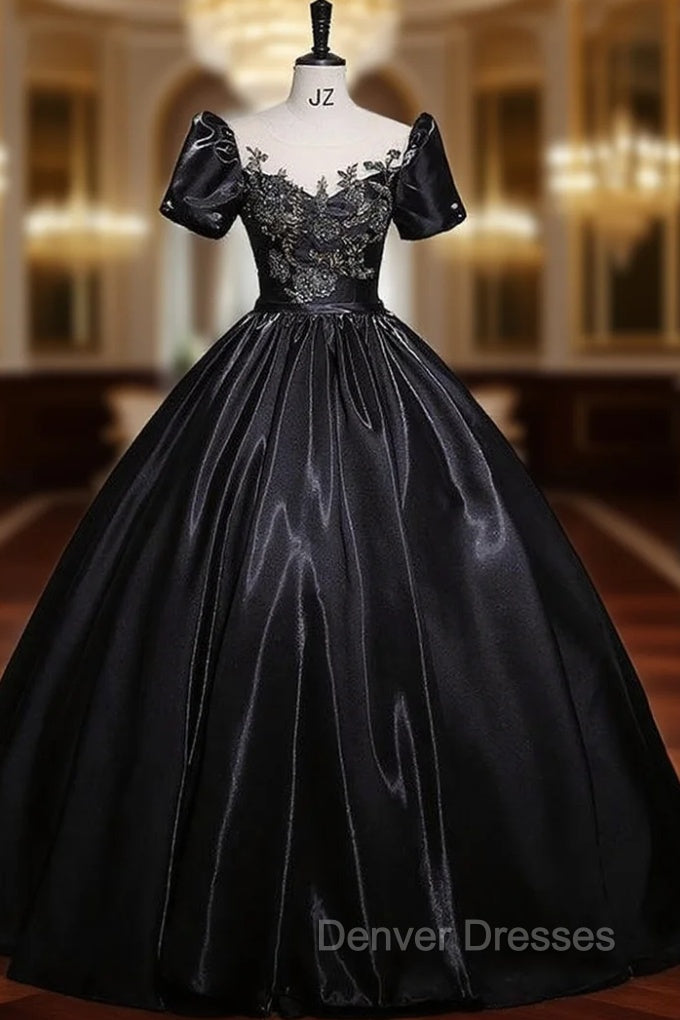 Black Satin Short Sleeve Appliques Quinceanera Dress Main image