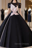 Black Satin Short Sleeve Ball Gown Prom Dress