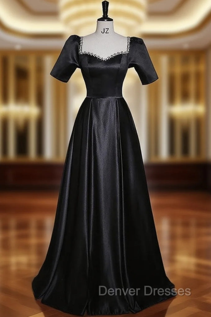 Black Satin Short Sleeve Beading Prom Dress