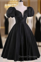 Black Satin Short Sleeves Knee Length Party Dress, Black Homecoming Dress
