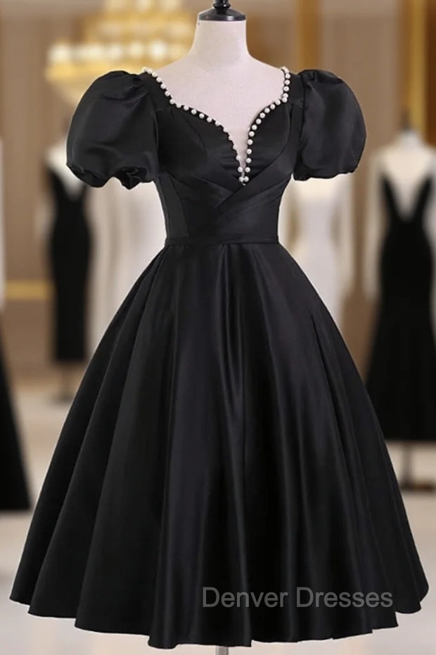 Black Satin Short Sleeves Knee Length Party Dress, Black Homecoming Dress