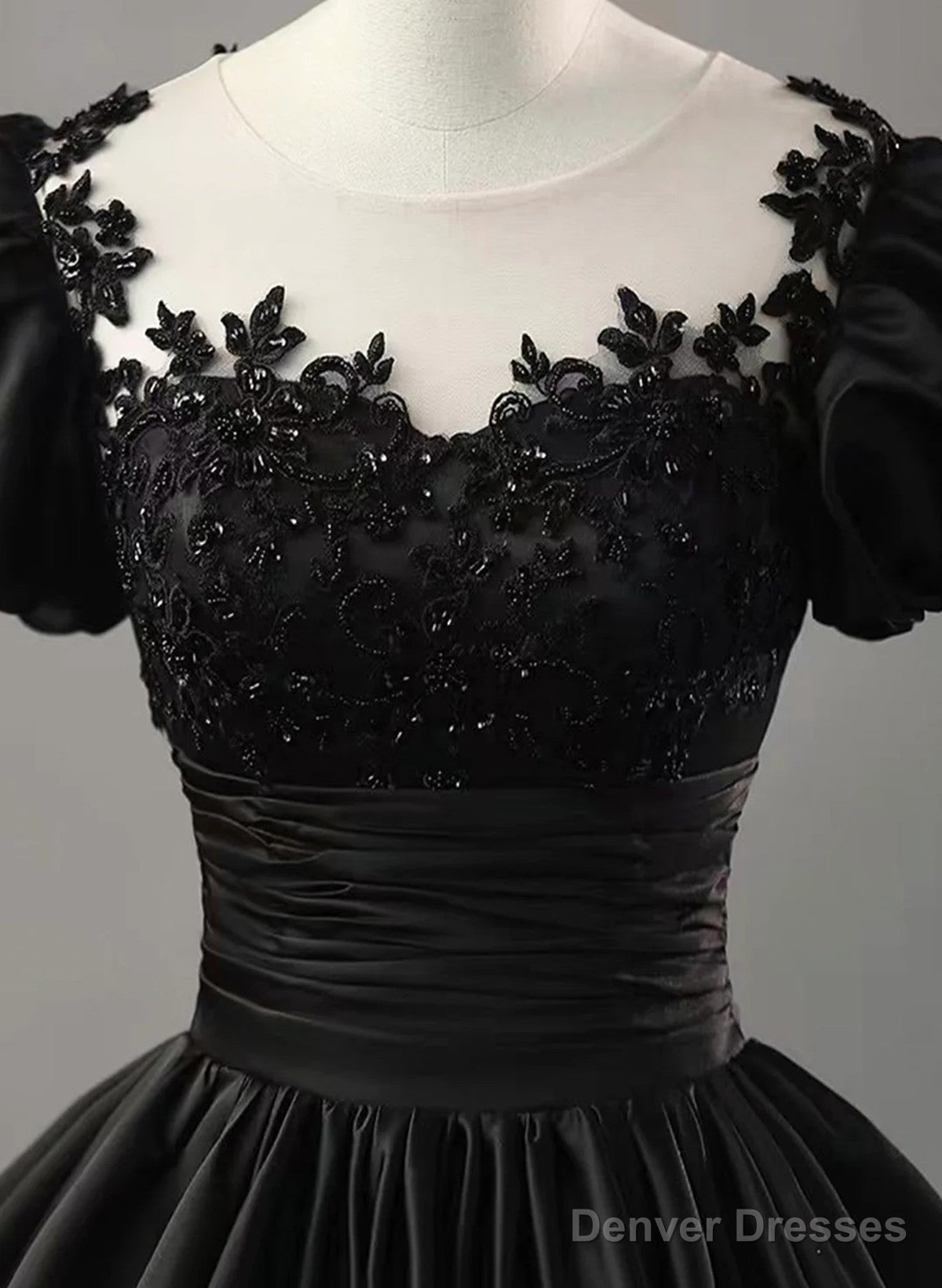 Black Satin Short Sleeves Round Neckline Party Dress, Black Sweet 16 Dress Secondary image