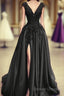 Black Satin Slit Dress With Lace Embroidery Prom Dress