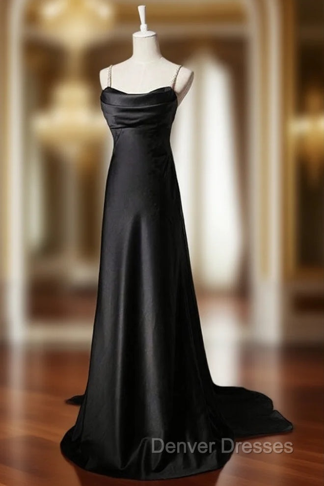 Black Satin Spaghetti Straps Pleats Prom Dress Main image