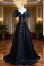 Black Satin Square Neck Short Sleeve Prom Dress