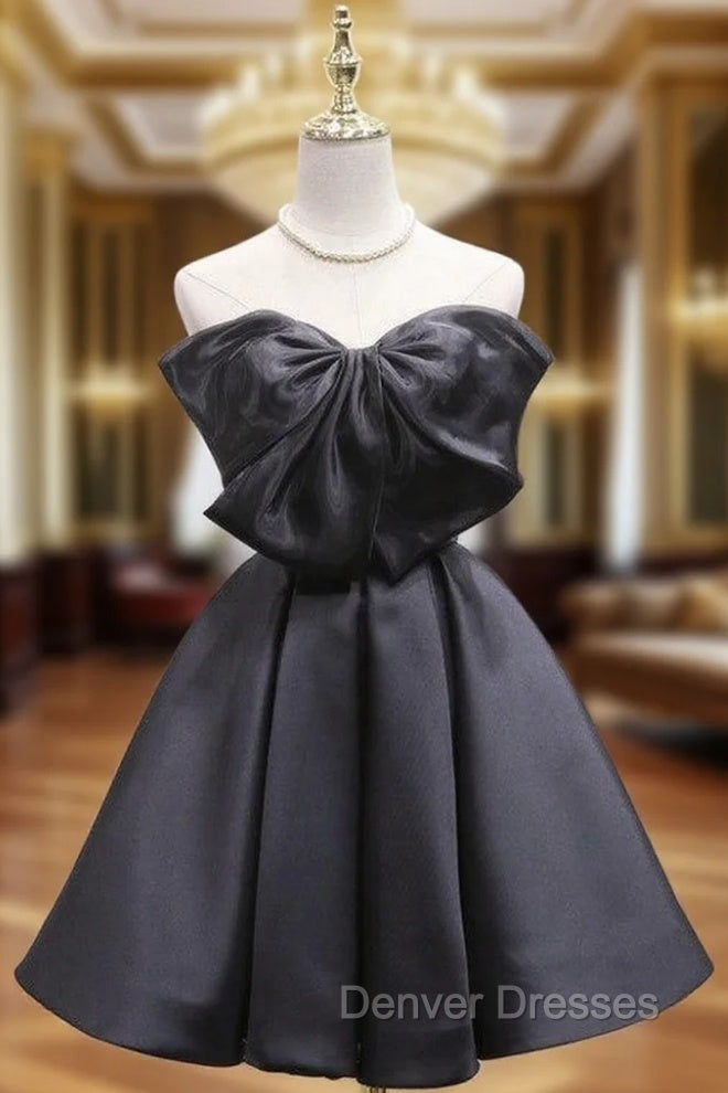 Black Satin Strapless Bow Homecoming Dress Main image