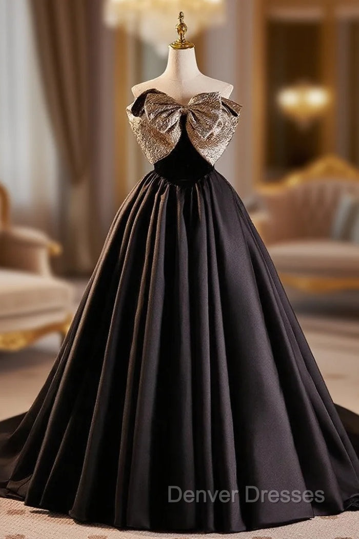 Black Satin Strapless Gold Bow Prom Dress