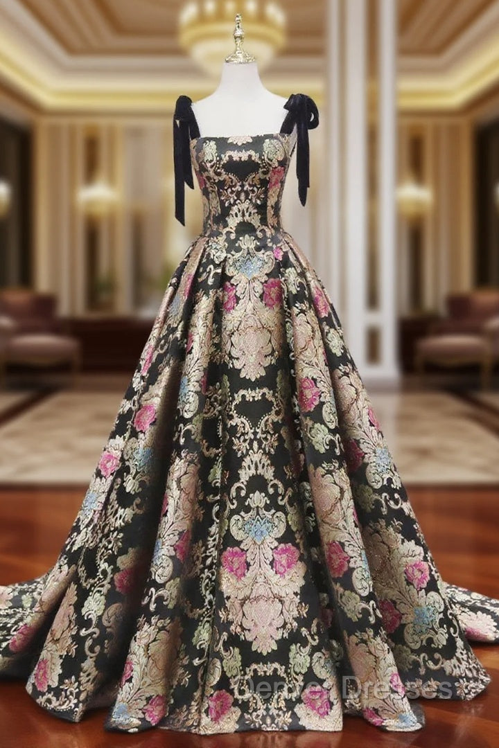 Black Satin Straps A-line Floral Long Formal Dress, Black Evening Dress Main image