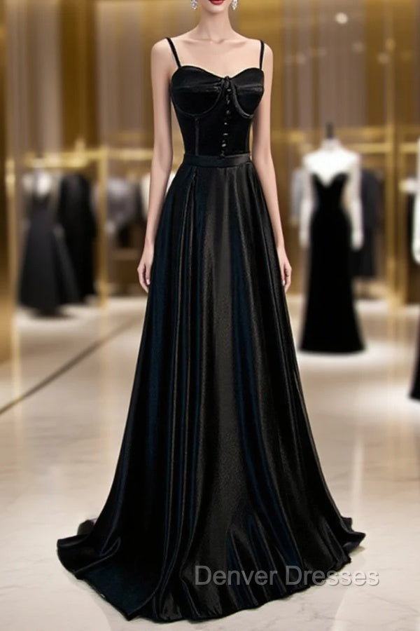 Black Satin Straps Long Party Dress, Black Sweetheart Long Evening Dress Prom Dress Main image