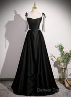 Black Satin Sweetheart Long Prom Dress With Bow, Black Long Evening Dress