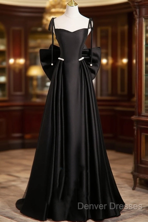 Black Satin Sweetheart Long Prom Dress With Bow, Black Long Evening Dress Main image