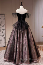 Black Satin Tulle Long Prom Dress, A-Line Off Shoulder Evening Dress Formal Dress