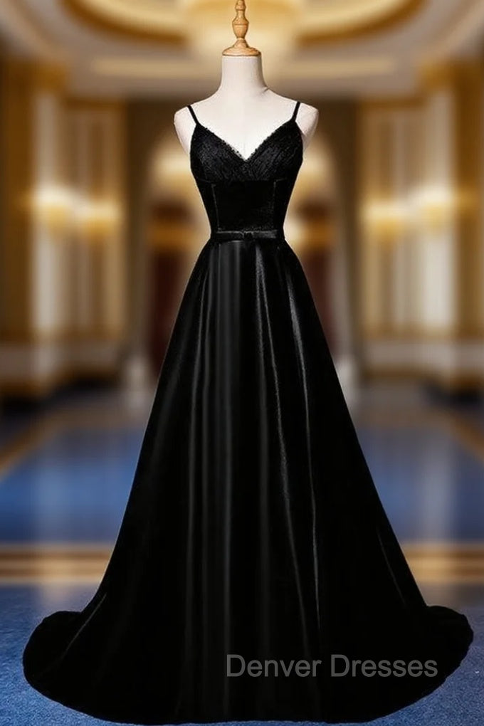 Black Satin Tulle Spaghetti Straps Prom Dress Main image