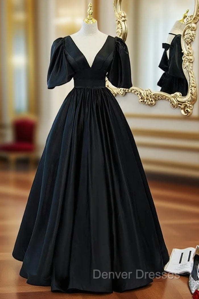 Black Satin V-neck Backless Puff Sleeve Prom Dress Main image