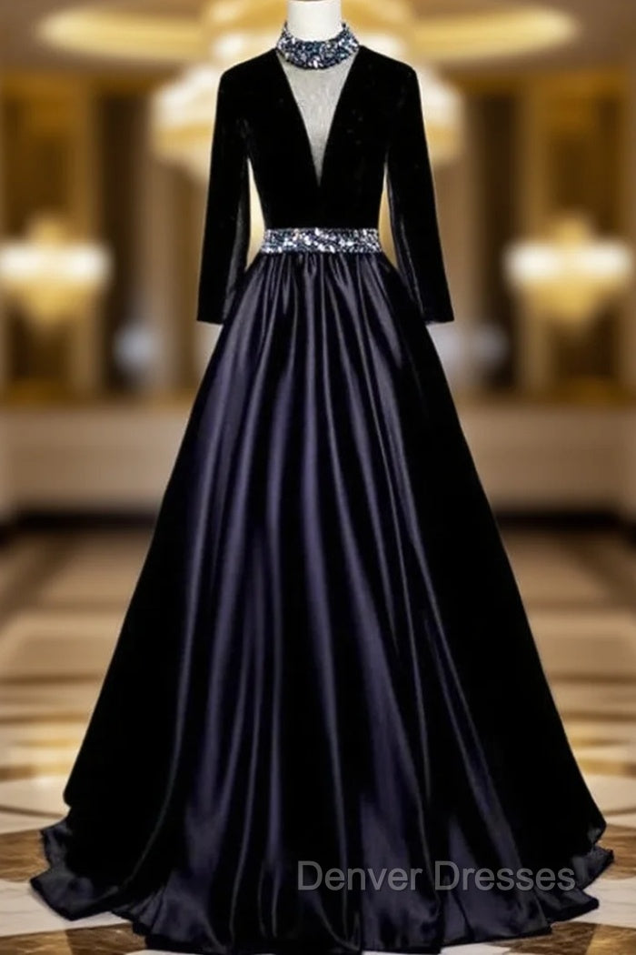 Black Satin Velvet Long Sleeve Crystal Prom Dress Main image