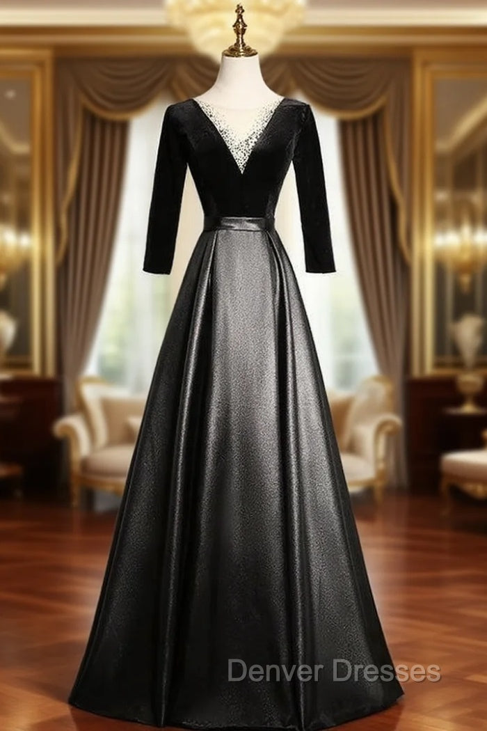 Black Satin Velvet Long Sleeve Prom Dress Main image