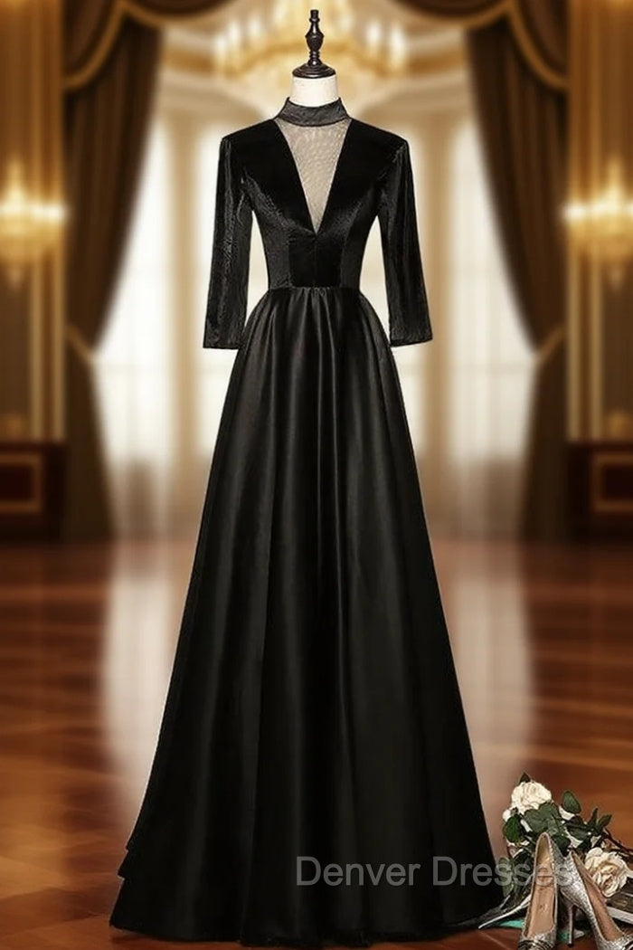Black Satin Velvet Short Sleeve Prom Dress Main image