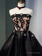 Black Satin with Lace Knee Length Prom Dress Homecoming Dress, Black Party Dresses