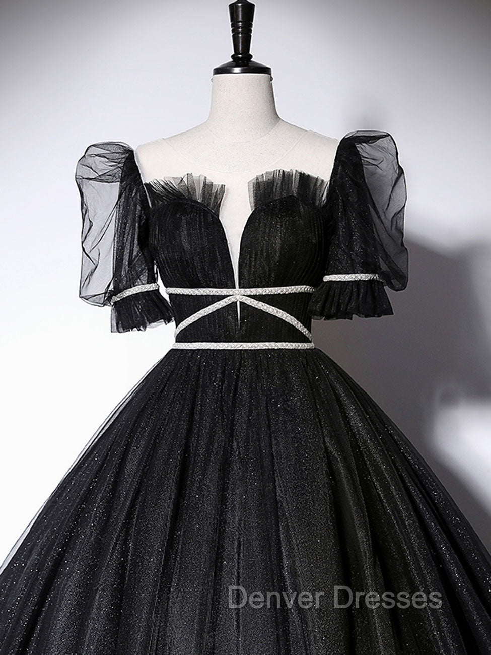 Black Scoop Neckline Long Prom Dress, Shiny Tulle Black Evening Dress Secondary image