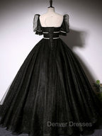 Black Scoop Neckline Long Prom Dress, Shiny Tulle Black Evening Dress